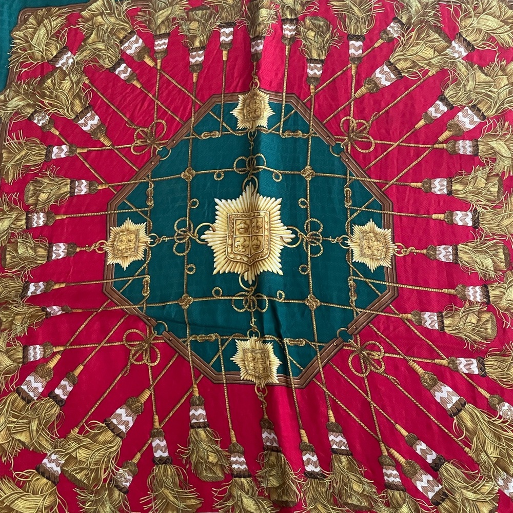 Balenciaga Red and Green Scarf with Gold Accents